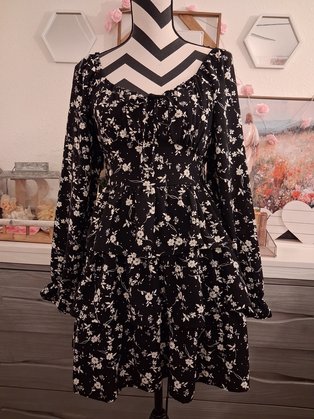 Inspired Hearts Black Long-Sleeve Floral Tiered Mini Dress